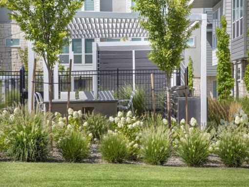 Flowers by outdoor kitchen at The Austin Townhomes