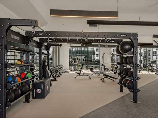 A gym with a variety of equipment including a squat rack, weight bench, and a rowing machine.