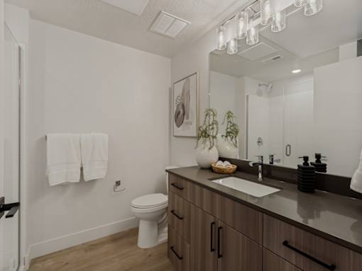 A bathroom with a white toilet, brown cabinets, and a large mirror.