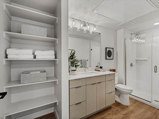 A bathroom with a white toilet, sink, and a white cabinet with a plant on top.