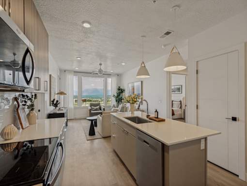 Modern kitchen with natural lighting and open floor plan at  The Terrace