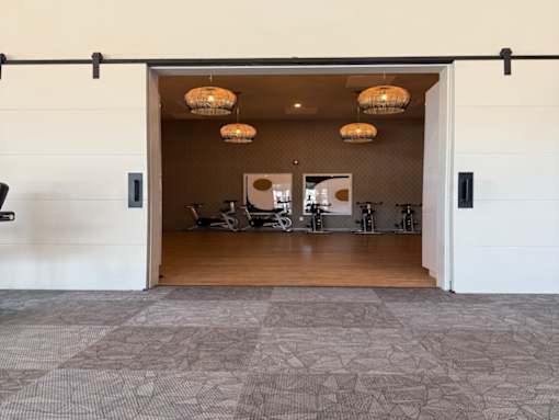 A room with a carpeted floor and a white wall with a black handle.