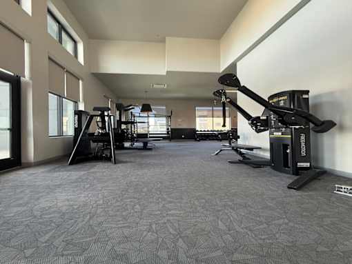 A gym with a variety of equipment including a treadmill, a stationary bike, and a rowing machine.