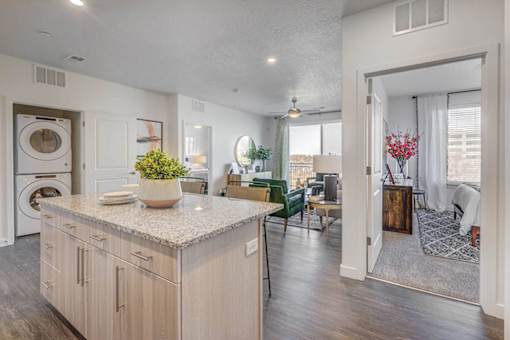 A kitchen with a washer and dryer built in.