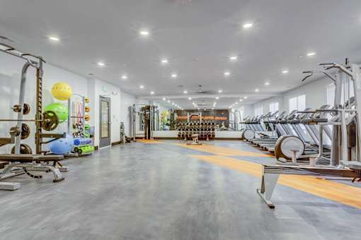 A gym with a variety of equipment including treadmills, weights, and exercise machines.