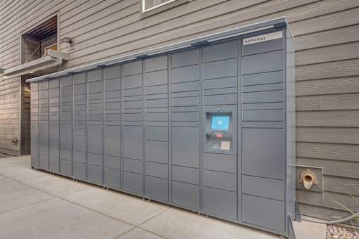 A large grey storage unit with a digital display on the front.