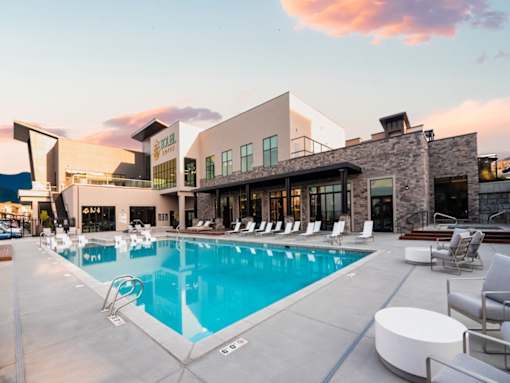 Pool and exterior view at Soleil Lofts