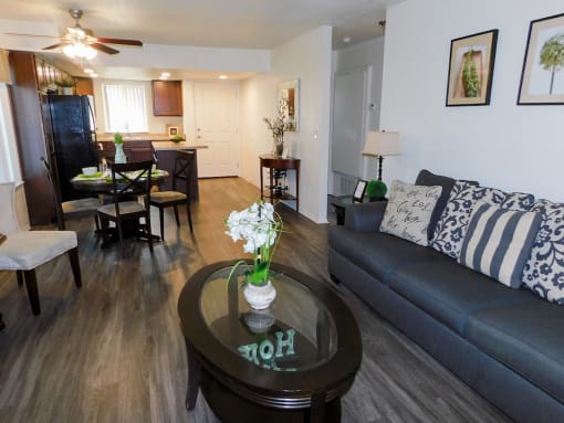 Living Room Open to Dining Area and Kitchen at River Oaks