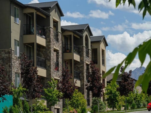 Classic architecture and stone work at Tuscany Villas Senior Apartments, Midvale, UT, 84047