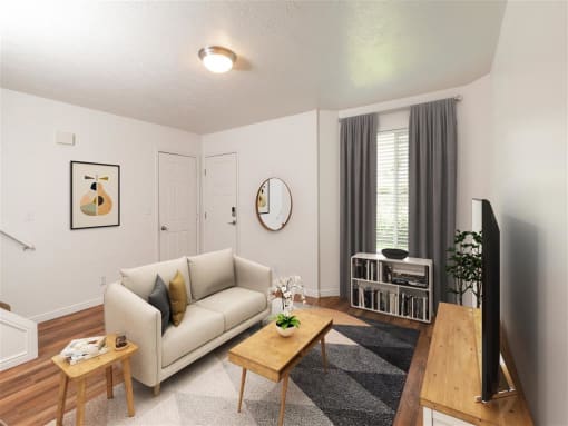 Classic Living Room Design With Television at Devonshire Court Apartments & Townhomes, North Logan, UT