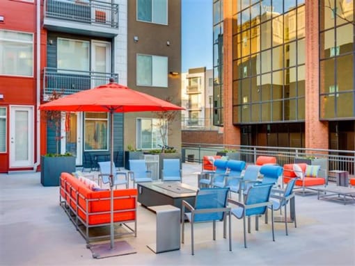 Outside Sitting area with shades at Element 31 Apartments, Utah, 84106