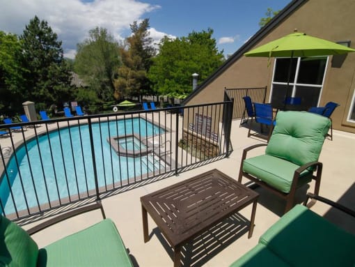 Shaded Lounge Area By Pool at Promontory Point Apartments, Utah