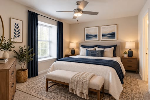 A bedroom with a large bed and a ceiling fan.