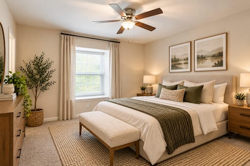 A bedroom with a large bed, a ceiling fan, and a window with curtains.
