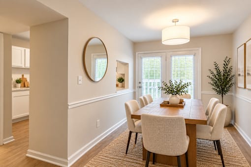 A dining room with a round mirror and a table with chairs.