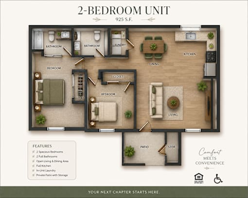 A 2-bedroom unit floor plan at 925 S.F. with a living area, kitchen, dining area, and bathrooms.
