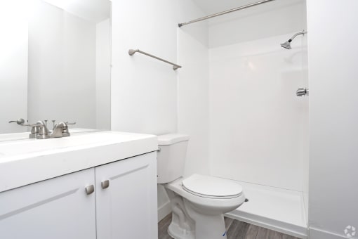 Bathroom white vanity, toilet and walk in shower
