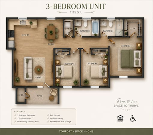A 3-bedroom unit floor plan at 1115 S.F.