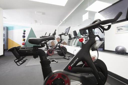 Peloton stationary bikes in exercise room.