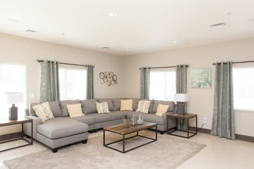 a living room with a gray couch and a coffee table