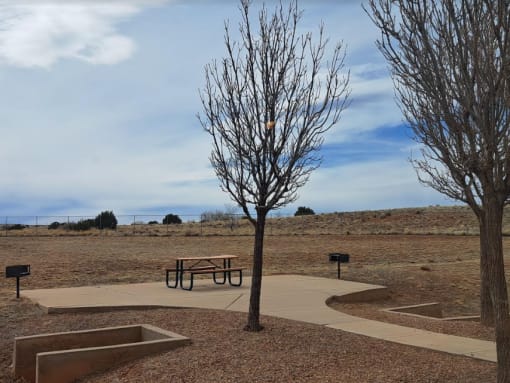 a picnic table and benches in a park