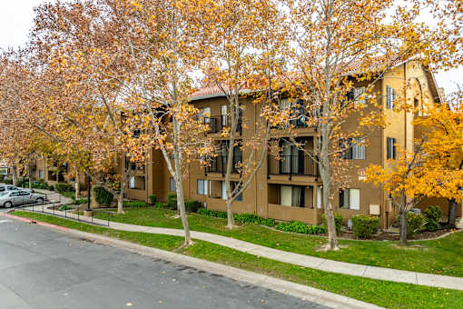 Apartment building with trees in autumn colors.