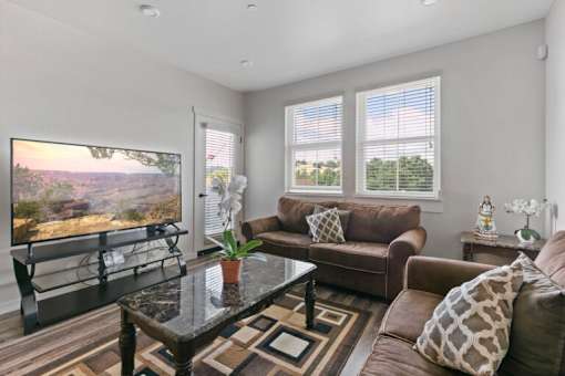 a living room with couches and a coffee table and a television