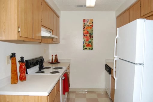 a kitchen with a white refrigerator and a stove