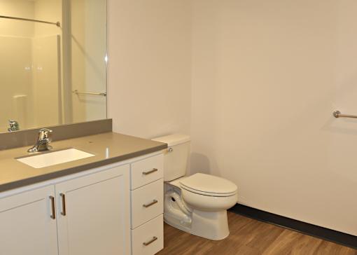 A white toilet sits next to a sink in a bathroom.