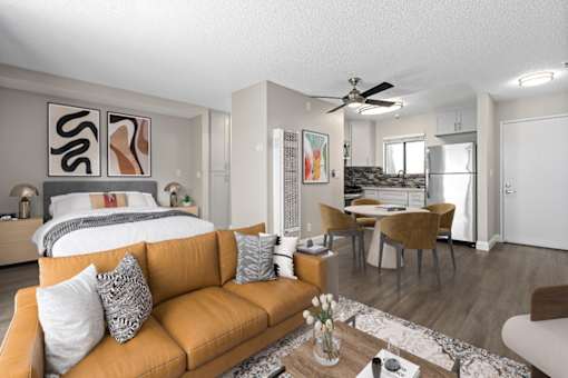 living area with kitchen in background at Harbor Terrace Apartments, California