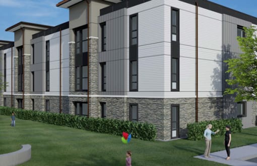 a rendering of an apartment building with people playing in the yard