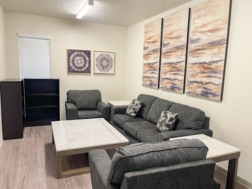 A living room with a grey couch, a coffee table, and a cabinet.