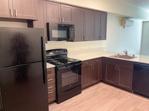A kitchen with a black refrigerator and black stove.