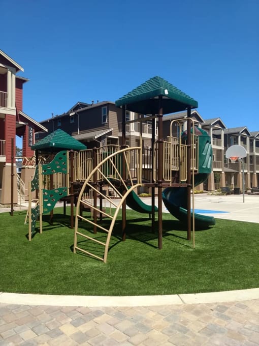 a playground with a slide and monkey bars
