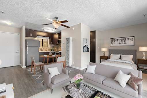 living bedroom kitchen of studio apartment at Harbor Terrace Apartments, California, 90731