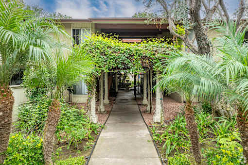 A house with a concrete walkway and a variety of plants on either side at The Arbors Santa Ana, California, 92705