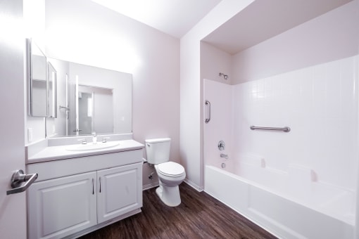 a bathroom with bath tub including handle bar, toilet, and sink