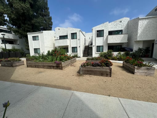 the courtyard of a white building with flower boxes