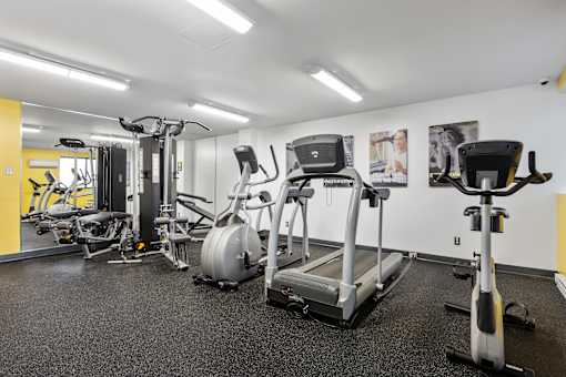 A gym with a variety of equipment including treadmills, weights, and exercise machines.