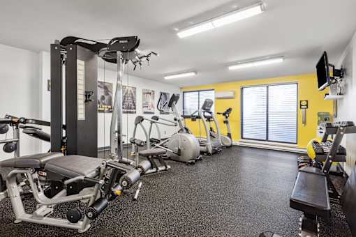 A gym with a variety of equipment including treadmills, stationary bikes, and weight machines.