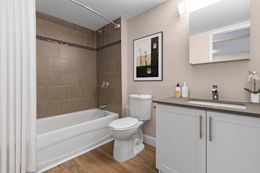 A white toilet sits next to a bathtub in a bathroom.