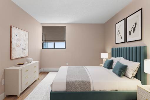 A bedroom with a large bed and a dresser with a painting on top.