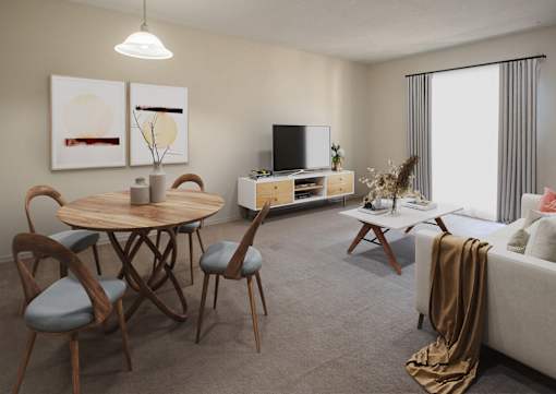 A living room with a round wooden table and chairs, a television, and a coffee table.