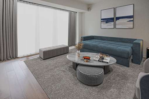 A living room with a grey sofa, a grey coffee table, and a grey ottoman.