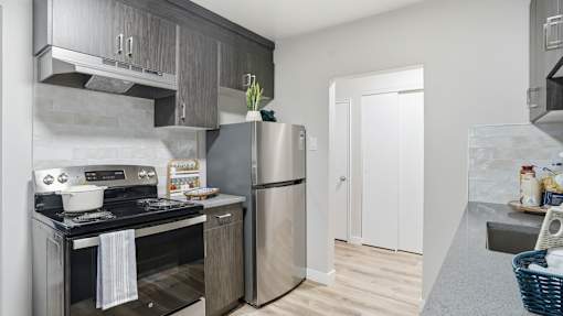A modern kitchen with a stove, refrigerator, and a sink.