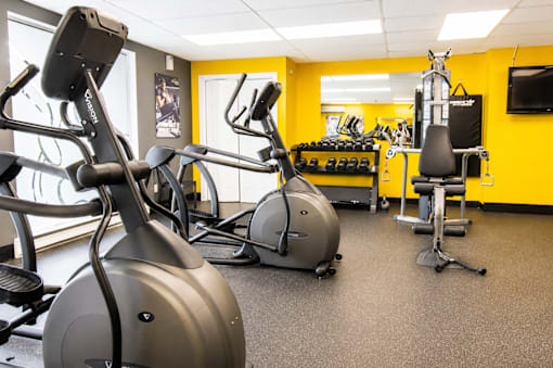 A gym with a yellow wall and a variety of exercise equipment.