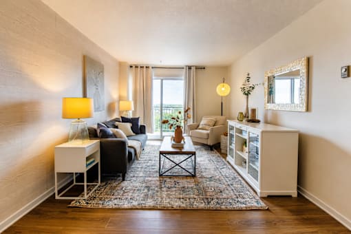 A well-lit living room with a black couch, a white side table, and a rug on the floor.