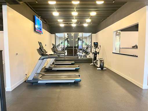 A gym with treadmills, elliptical machines, and a mirror.