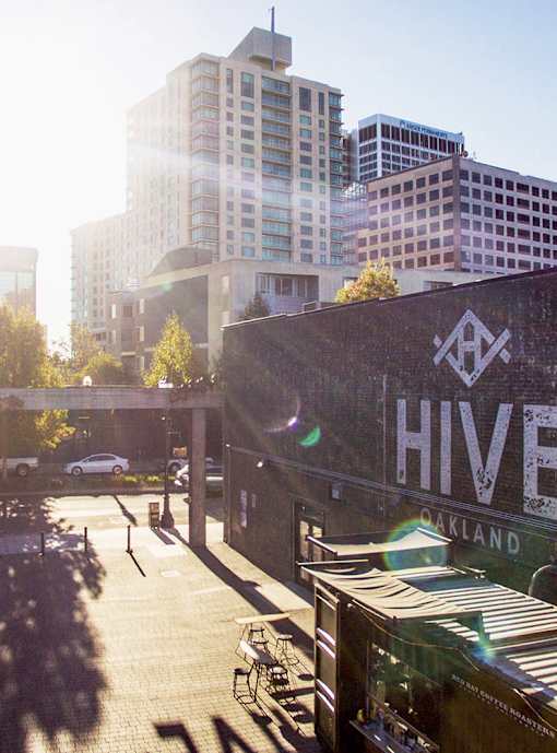 A sunny day in a city with a building that says Hive.