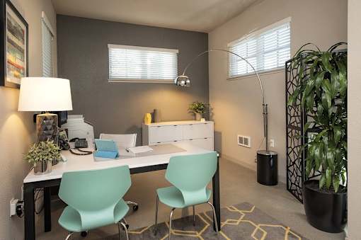 A room with a desk, chairs, and plants.